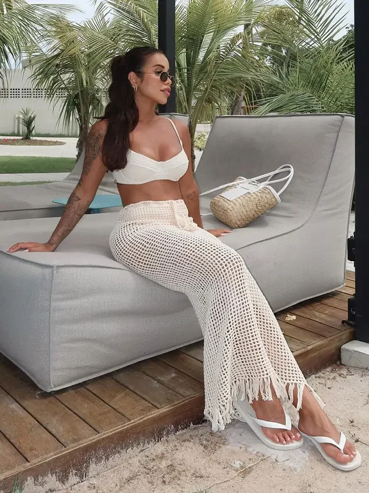 Sexy Chic Drawstring Fringed Knit Cut Out Skirts 2024 Women Summer Pool Party Beach Casual Long Fringed Half-Body Skirt K50