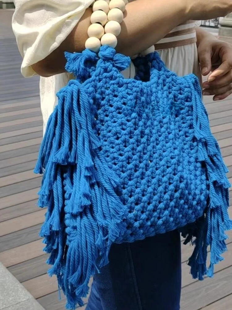 

n Tassel Large Capaci Tote Bag Handmade Cotton Rope Woven Bag Wooden Bead Beach Handbag Faionable Market