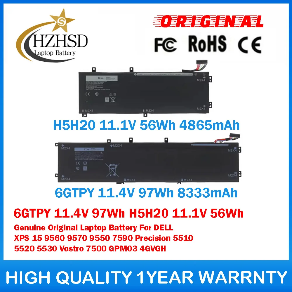 

6GTPY 11.4V 97Wh H5H20 11.1V 56Wh Genuine Original Laptop Battery For DELL XPS 15 9560 9570 9550 7590 Precision 5510 5520 5530