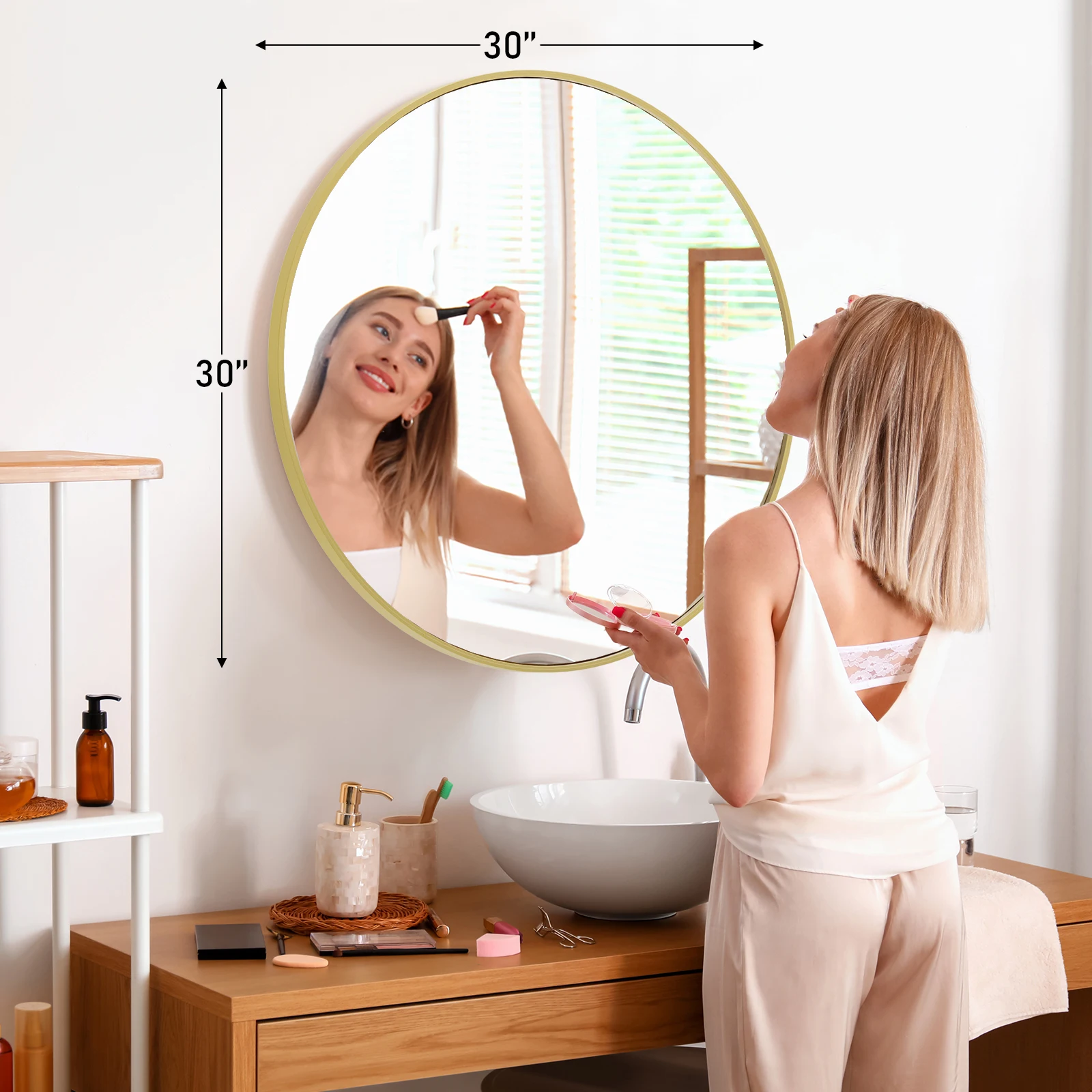 Pop Large Gold Round Vanity Framed Mirror For Wall Matte Metal Framed 30 Inch Modern Mirror Tempered Glass Bedroom Living Room
