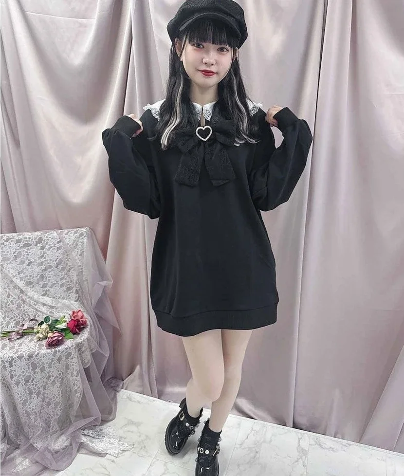 Rojita Japanese Mine Mass-Produced Lace Collar Rabbit Ears Bow Long Sleeve Sweatshirts Dress Girl Lady Loose Pullover Hoodies