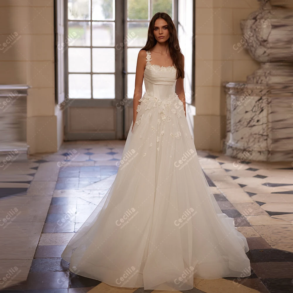 Charming Wedding Dresses A Line Tulle Tiered Bridal Gowns Elegant Robes Princess Sleeveless Pretty Vestidos De Novia Customized