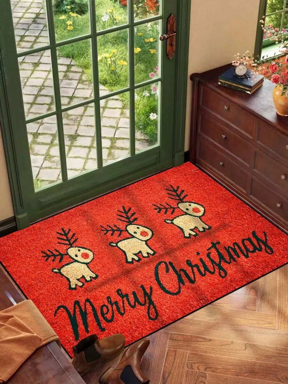 VIKAMA Karpet Selamat Datang Motif Rusa Natal Anti-Slip untuk Kamar Tidur, Karpet Area Dalam dan Luar Ruangan, Dekorasi Rumah Natal