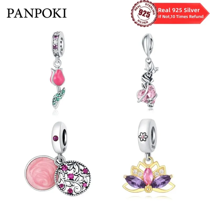 Hot Sale Real 925 Sterling Silver Plants Flowers Tulip Charm Beads Fit Original Pandora Pendant Bracelet Jewelry Making Gifts