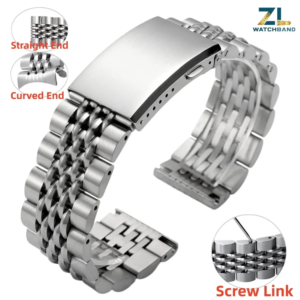 20mm 22mm Watch Strap Screw Stainless Steel Bracelet Seven Bead Link Straight/Curved End Watch Band Folding Buckle for Seiko