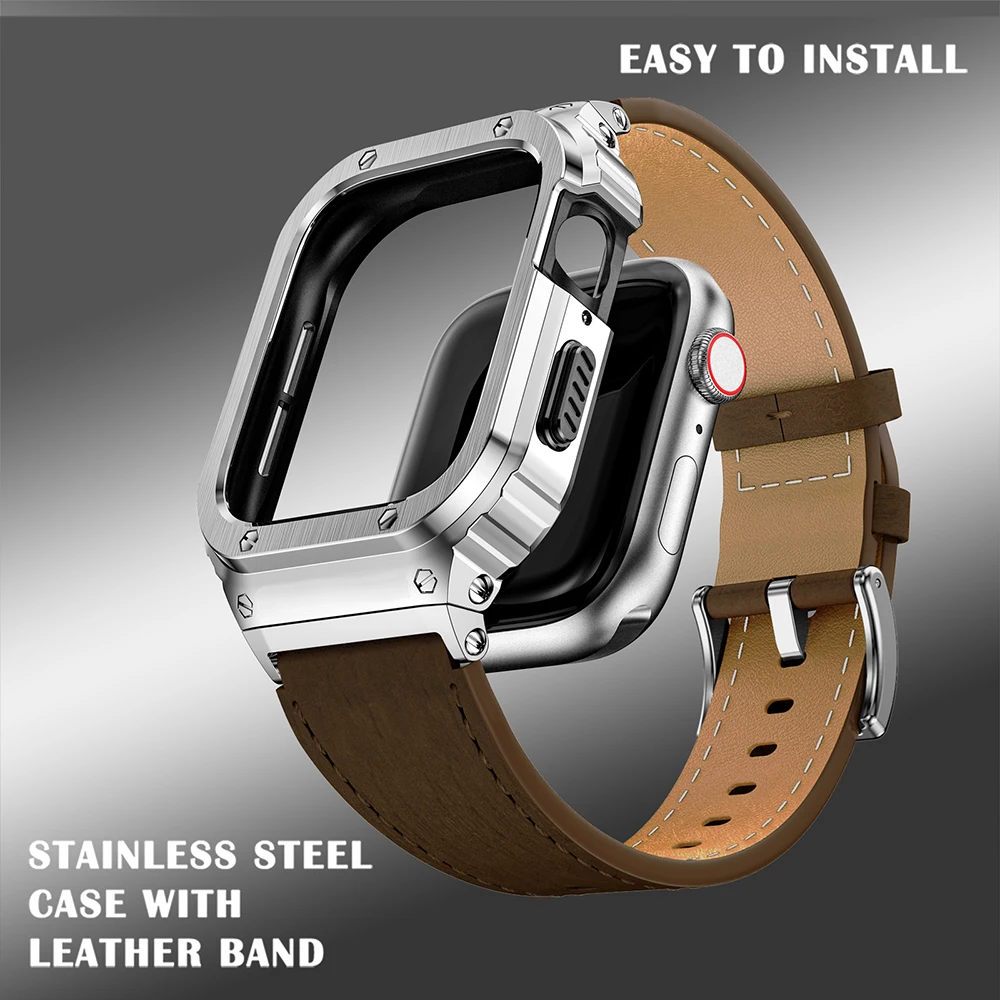 Metal Case+Genuine Leather Strap For Apple Watch Band 44mm 45mm 40mm 41mm 45 mm bracelet iwatch series se 8 7 6 5 4 ultra 49mm