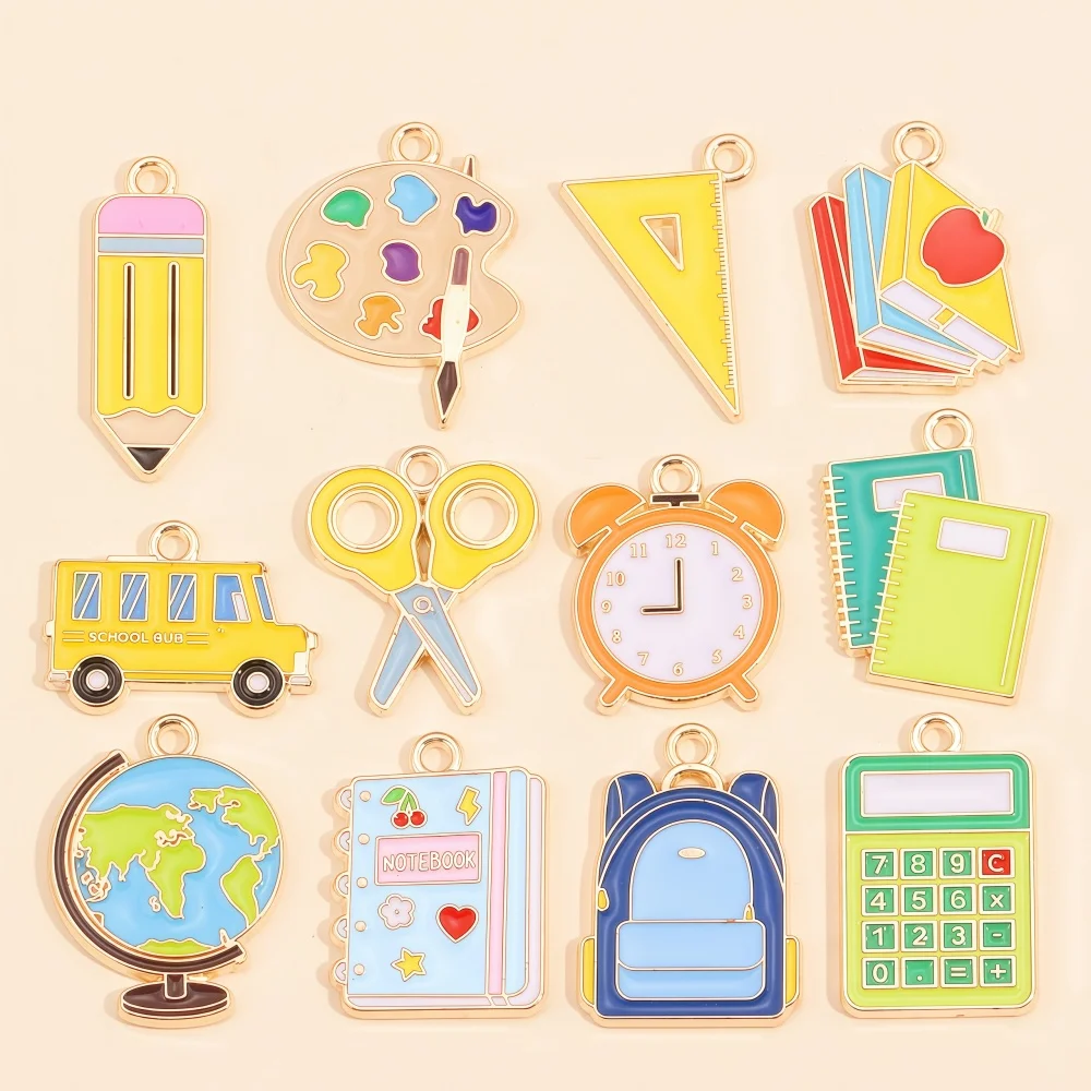 10Pcs Enamel Book Pencil Ruler Backpack Charms for Jewelry Making Student stationery Pendants Earrings Keychains Diy Craft Acces