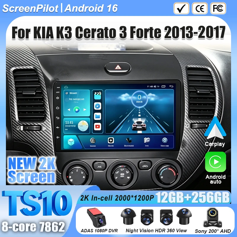 Android 16 For KIA K3 Cerato 3 Forte 2013-2017 Car Radio Stereo Head Unit Multimedia Video Player GPS Navigation 2K QLED 9 Inch
