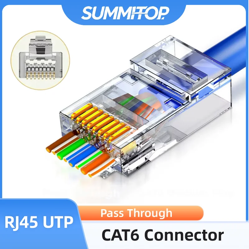 SUMMITOP 10/50/100pcs Cat6 RJ45 Connector Modular Plug Pass Through Gold-Plated 8P8C Crimp UTP Standard Ethernet Network