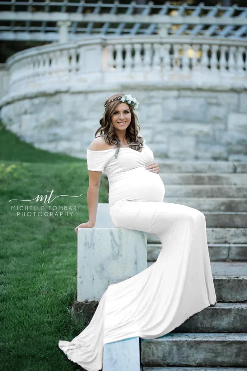 Elegence Shoulderless Maternity Shoot Dress Cute Pregnancy Photography Dress For Baby Shower Pregnant Women Maxi Gown Photo Prop