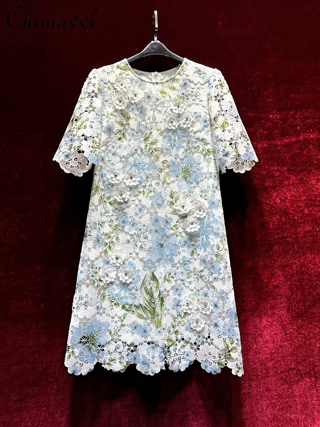 

French Luxury Heavy Hollow 3D Flower High-end Short-sleeved Dress Summer New Fashion Round Neck Slim Elegant Party Mini Dresses