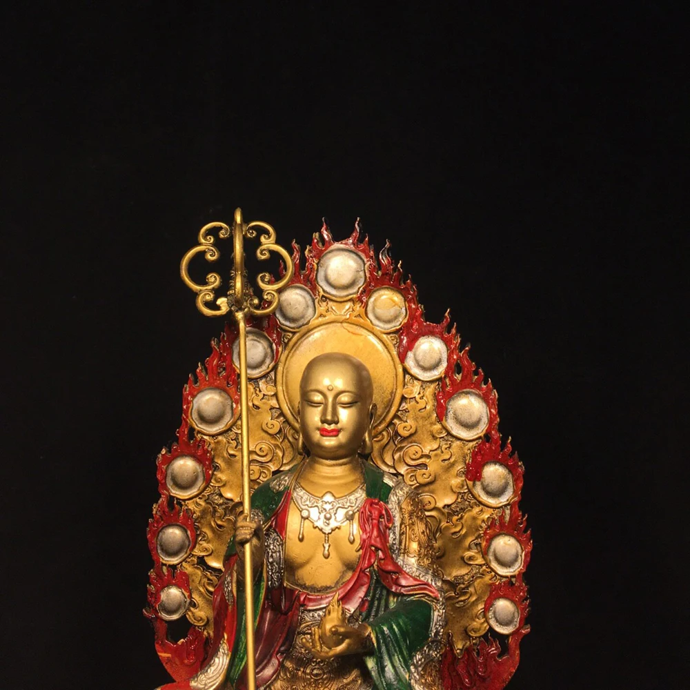 Pure Copper Hand Painted Ksitigarbha Riding Di Ting Jiuhua Mountain Home Desk Altar Statue