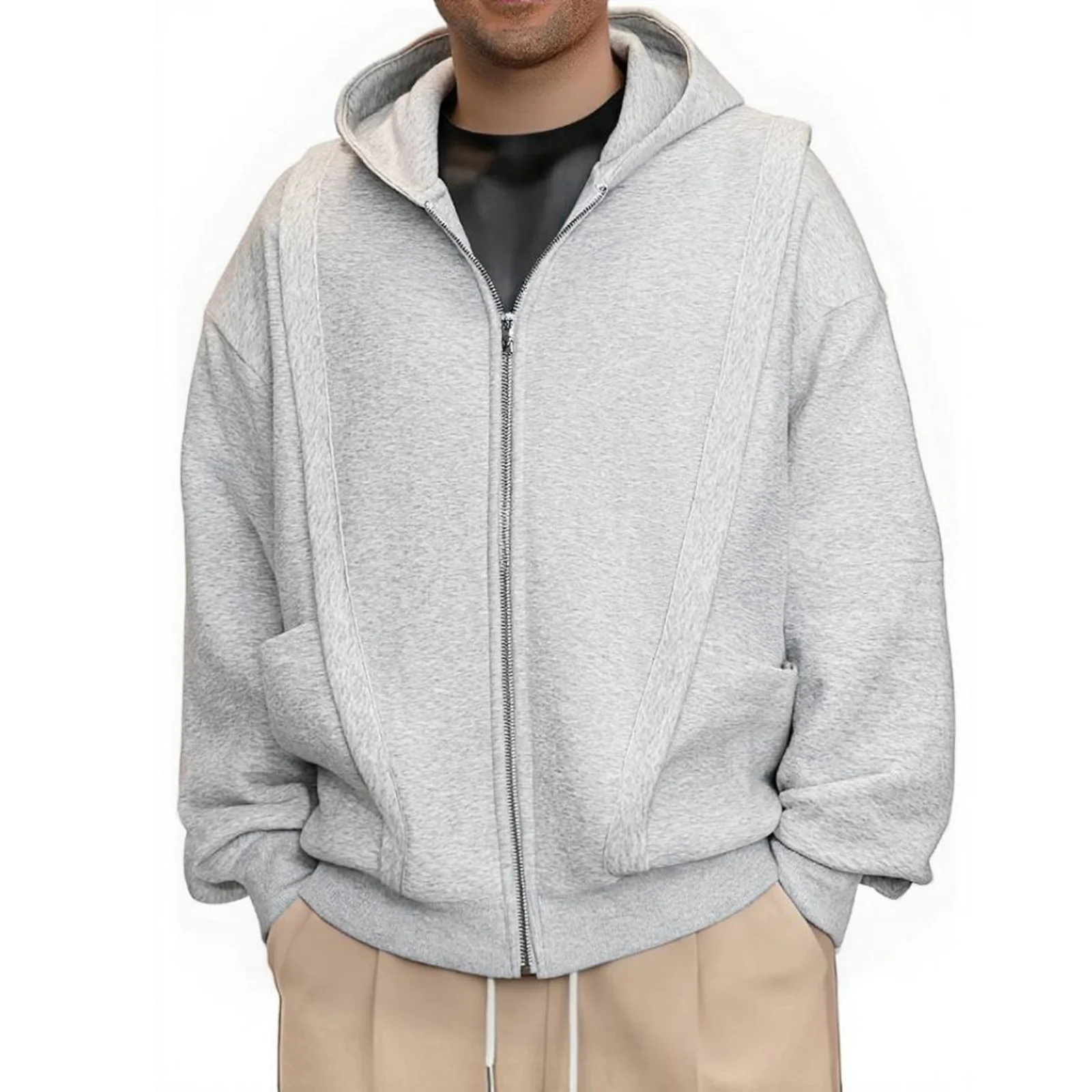 Sweat à capuche zippé pour hommes, Vintage, ample, solide, manches longues, veste à capuche avec poches pour l'hiver et l'automne