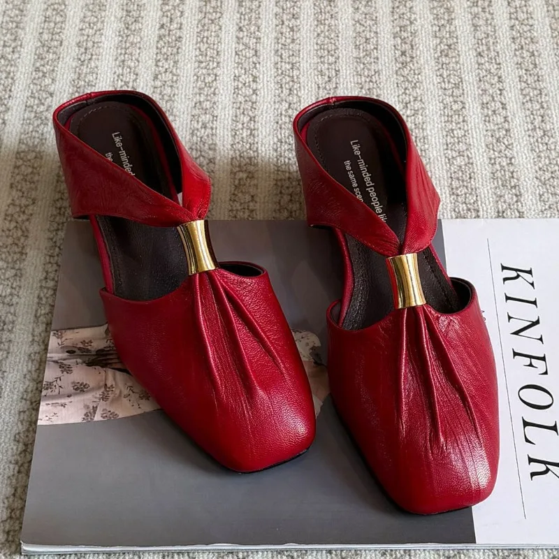 French-style Inside Height-raising Flat Sandals for Women 2026 Model Cowhide Version Summer Square-toe Half Slippers Mules