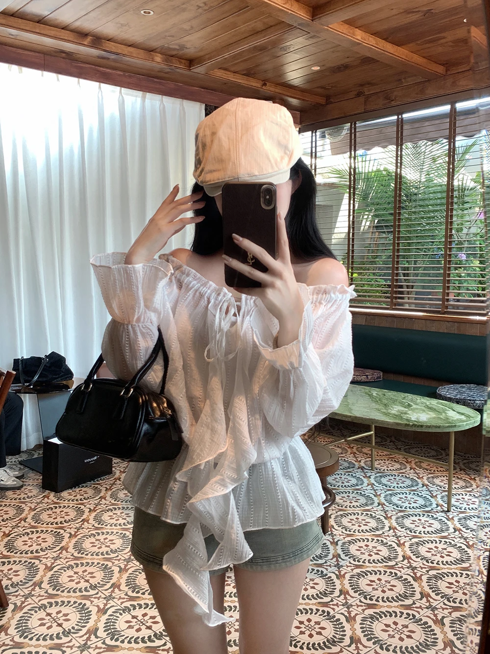 

Choker Girl Lace Trim One oulder irt Women's Spring Thin Transparent Bell Sve Tie Sun Protection Top Korean Sle Loos...