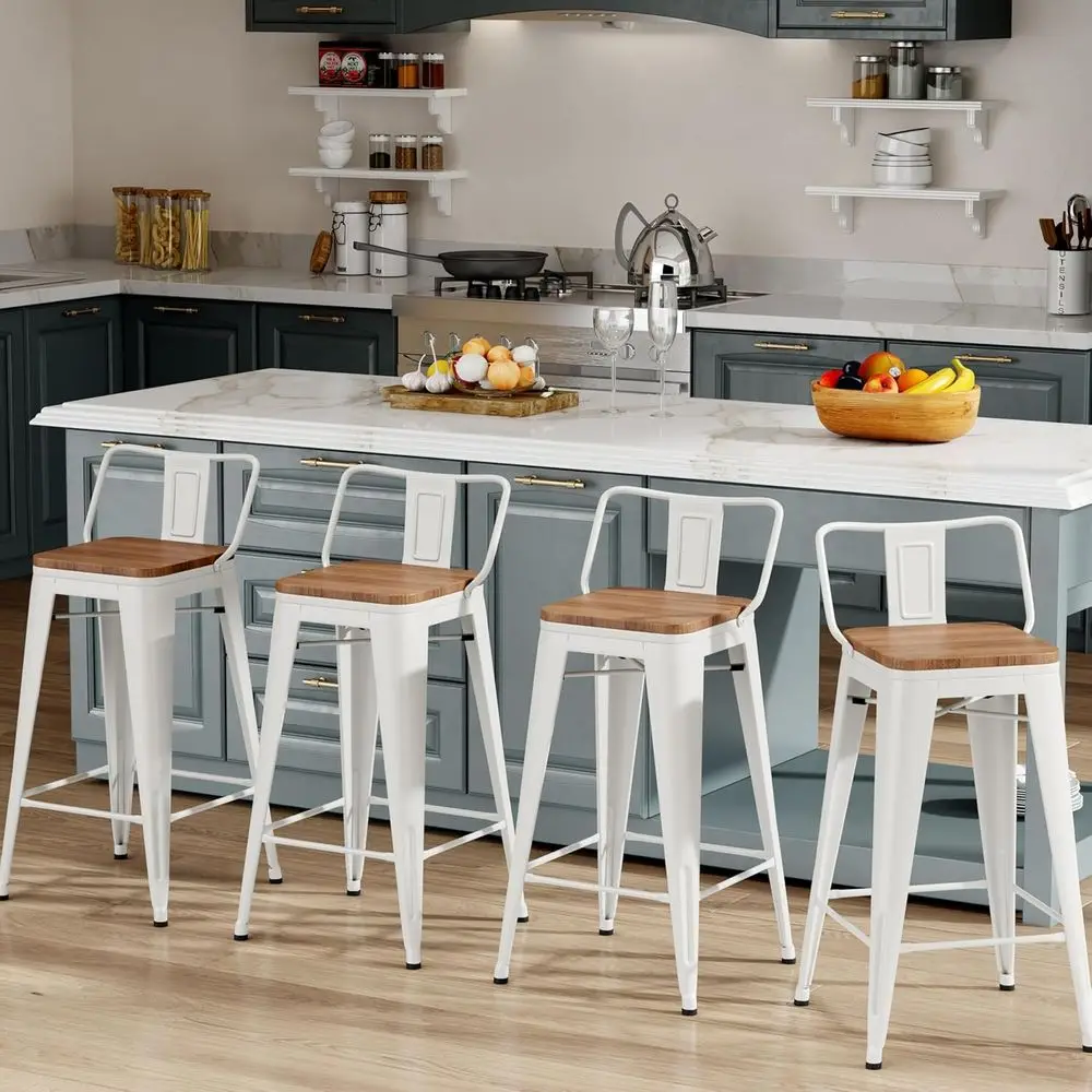 26 Inch Bar Stools Set o 4 Industrial Metal Barstools Counter Height Bar Stool with Backs or Home Kitchen (26 inch, White)
