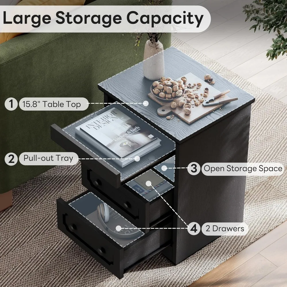 منضدة معاصرة ذات درجين مع رف مفتوح وصينية قابلة للسحب، وطاولة بجانب السرير خشبية سوداء