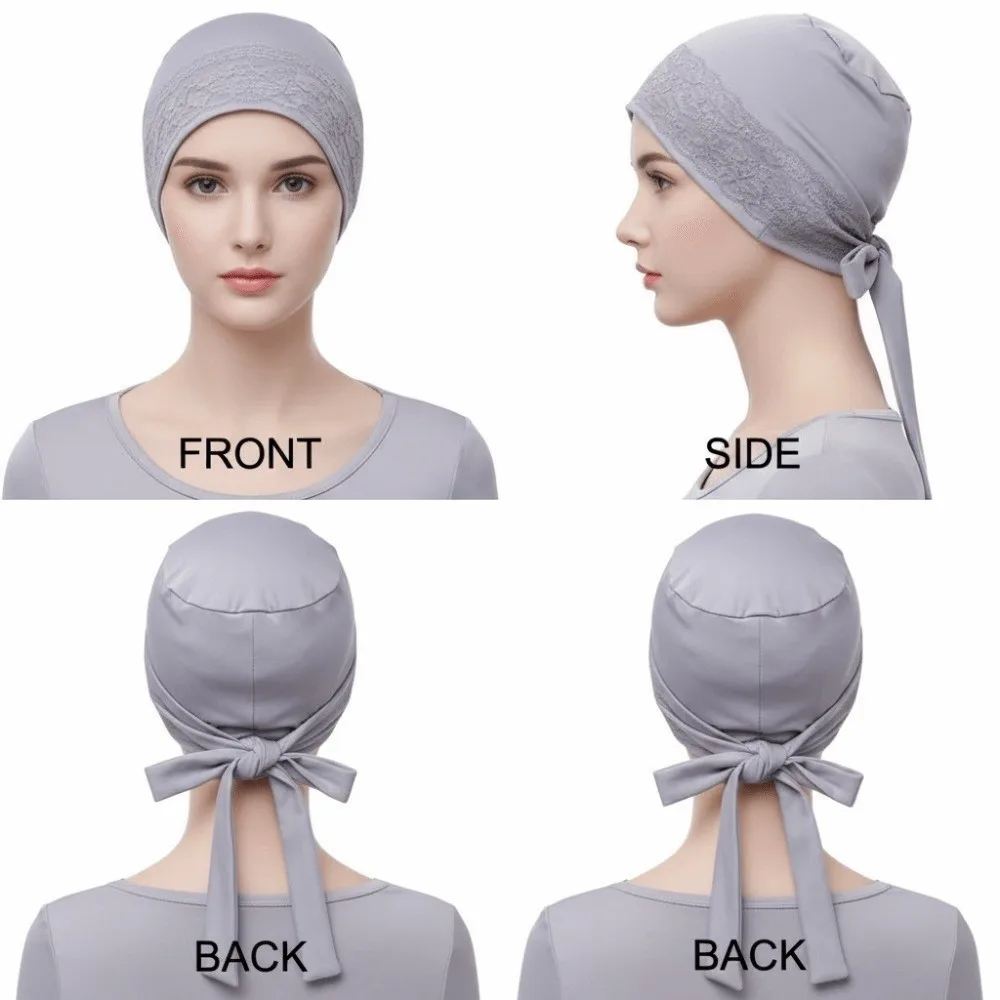 Fashion Solid Color Base Cap Lace Edging Breathable Hijab Caps Soft Elastic Long Tail Turban Hat for Women