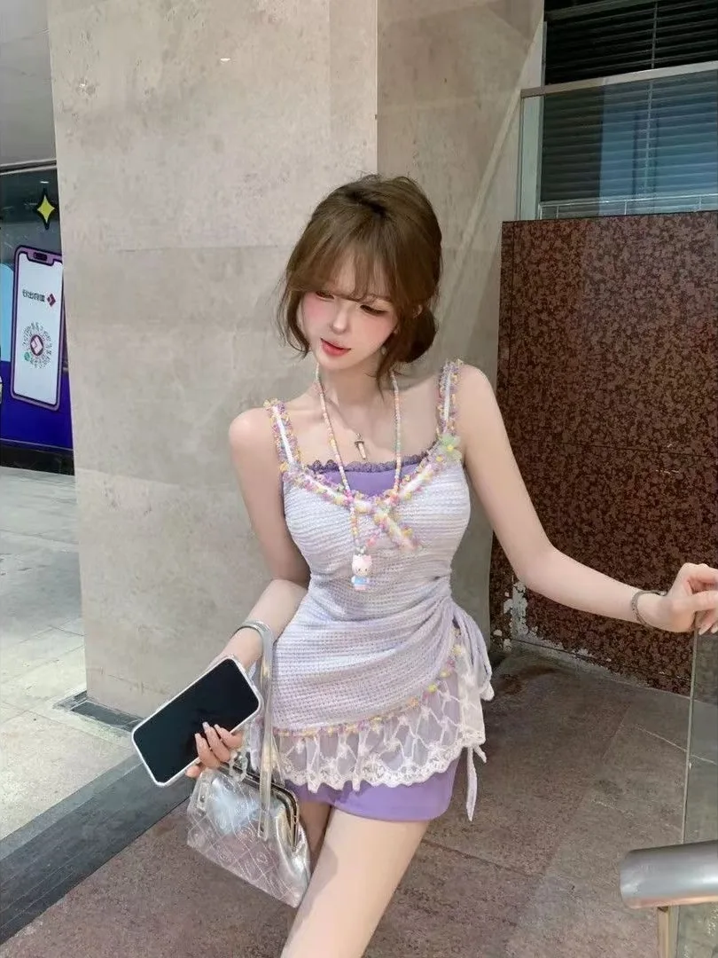 

Summer Slimming Purple Crop Top And Skirt Set Women's Sweet Sle Two-Piece Suit Hot Girl Strap Dr A-Line Dr