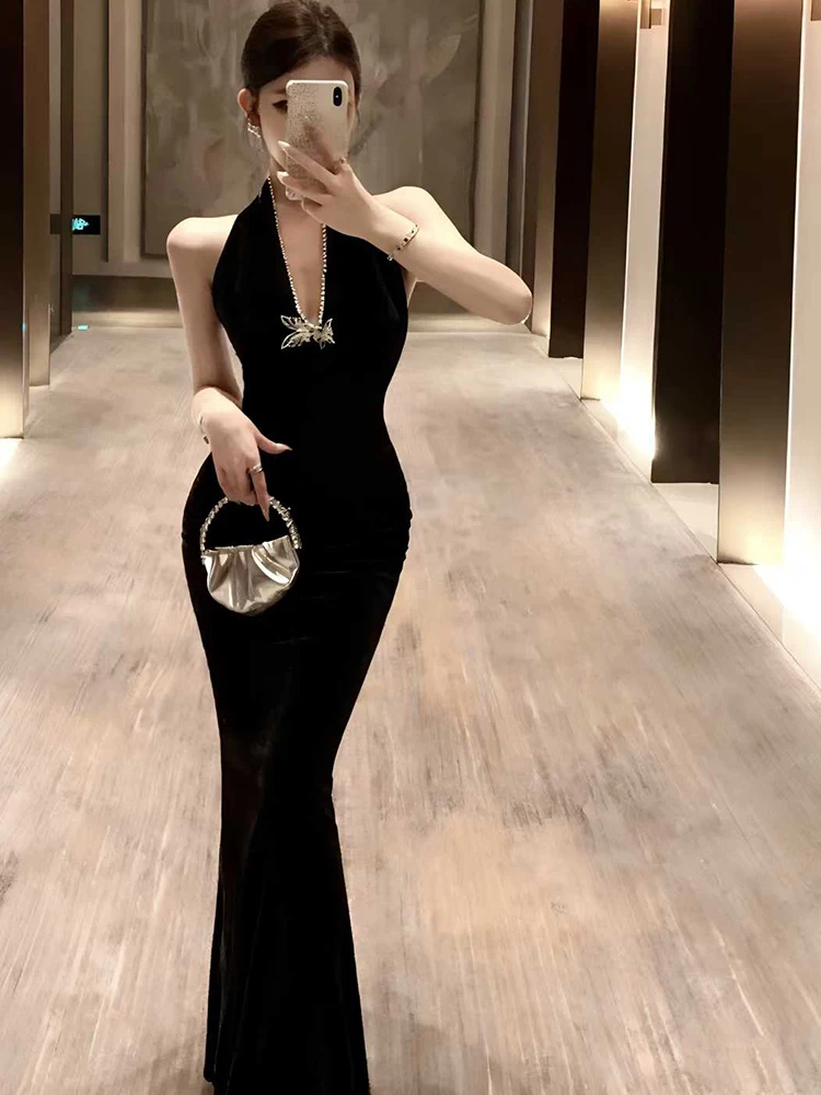 Feminino vermelho veludo chique diamantes pescoço-montado sexy vestido longo outono inverno elegante festival vestido 2025 coreano vestido de festa de luxo