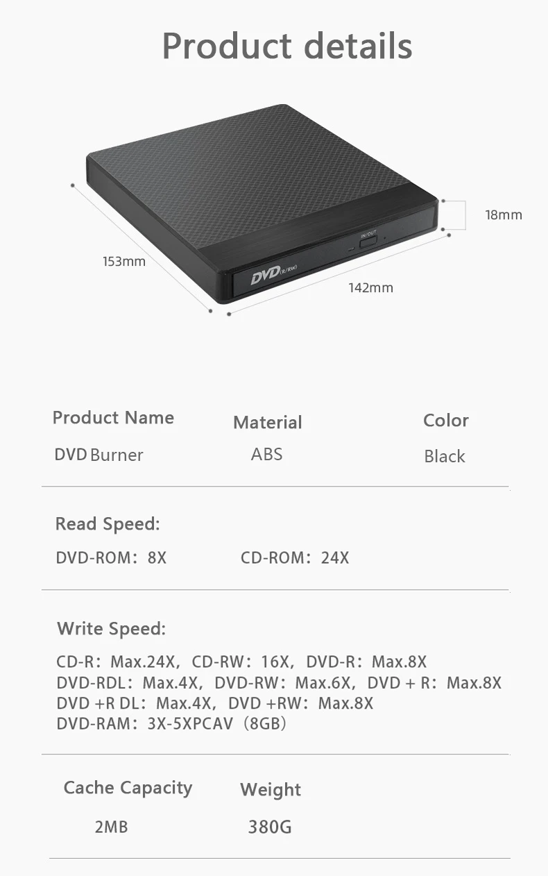 Unidade externa de CD/DVD/DVDRW USB 3.0 Type-C Unidade de CD/DVD externa suporta SD/TF e USB para laptop