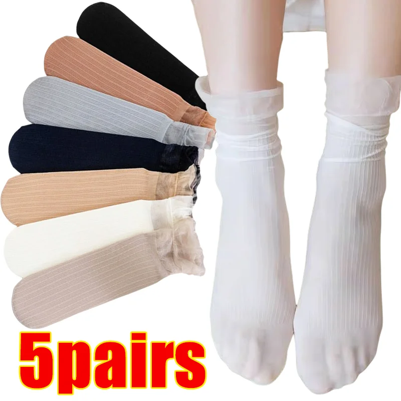 

5Pairs Velvet Socks Ultra-thin Transparent Lace Frilly Ruffle Socks Women Fashion Summer Japane Style Harajuku Long Lace Socks