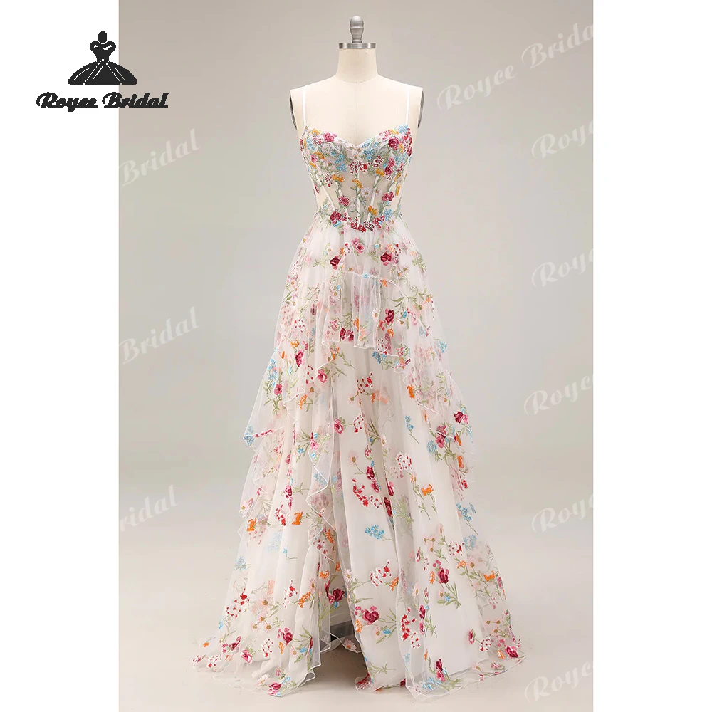 embroidered Floral A Line Prom Dresses 2026 ruffled slit Formal Evening Gowns Customized платье на выпускной