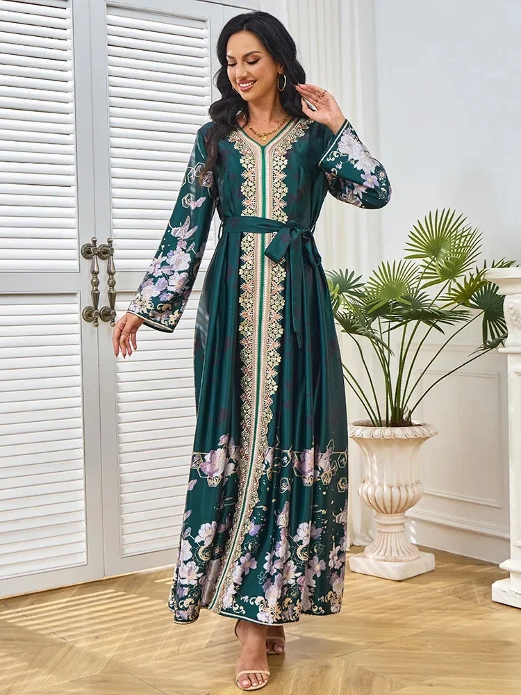 Abaya Kaftan Flower Print Dress Muslim Party Vestidos Sashes Jalabiya Eid Ramadan Morocco Dubai Abayas Islam Arab Long Robe