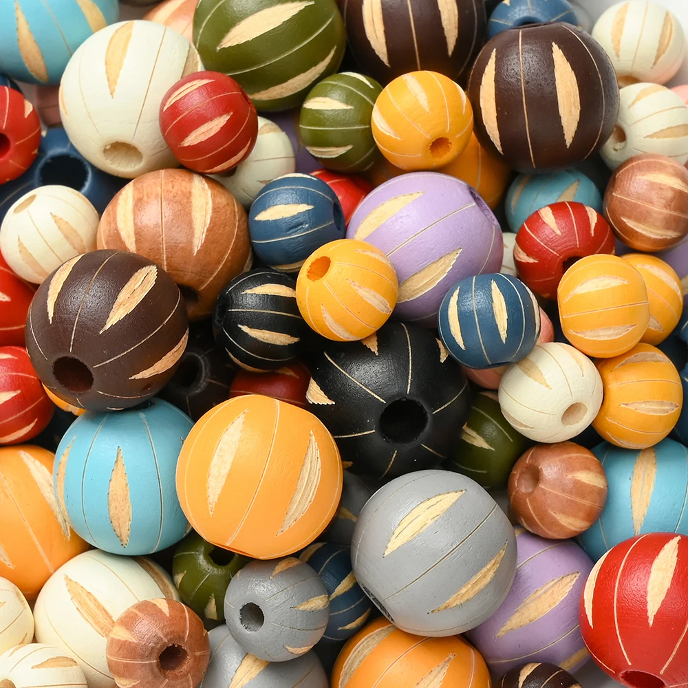 Mixed Color Striped Carved Wooden Beads 10/16mm Round Wood Spacer Beads for DIY Bracelet Garland Home Craft Decor Accessories