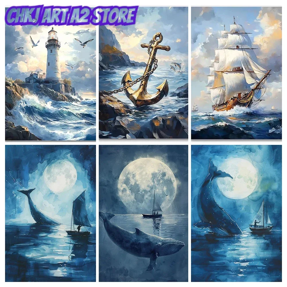 Blue Whale Moon Star Sailboat Sea Ocean Canvas Painting Wall Art  Landscape Sailboat Ocean Poster and Print Picture Home Decor