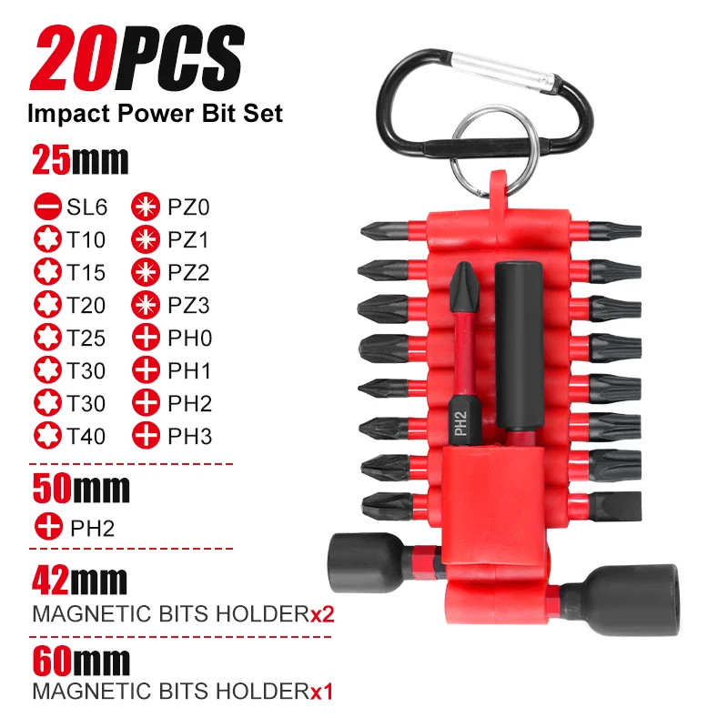 Conjunto de 20 Pontas de Impacto S2 em Aço para Parafusadeira com 3 Suportes Magnéticos T10-T40 PH0-PH3 SL6 para Furadeira de Impacto