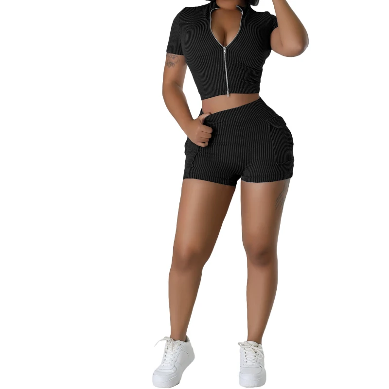 Women Shorts Pant Set Two Piece Sets Slim Fit V Neck Zipper Sheath Sexy Tops High Waist Shorts Pants Casual Elegant Splice