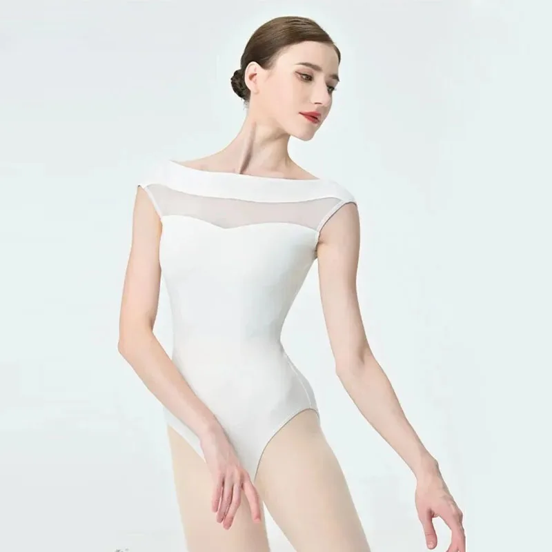 Vrouwen Ballet Maillots brede schouders boothals Dans Turnpakje Mesh Splice Gymnastiek Ballerina Kleding Ballet Bodysuit