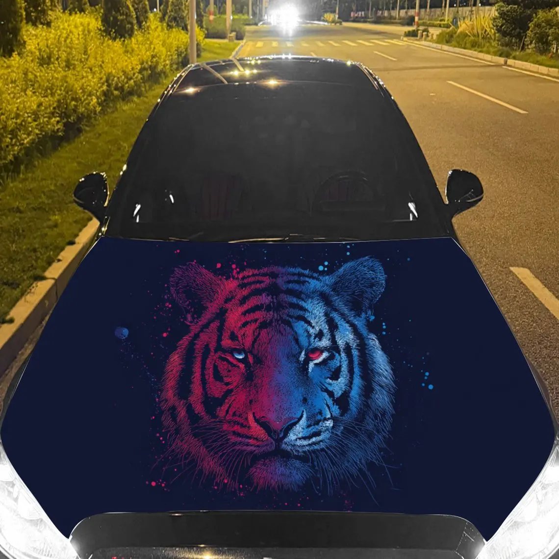 Car Decal Tiger with Red-Blue Contrast Artistic Background & Ferocious-Dual-Toned Aesthetic Car Hood Sticker, Waterproof Self -