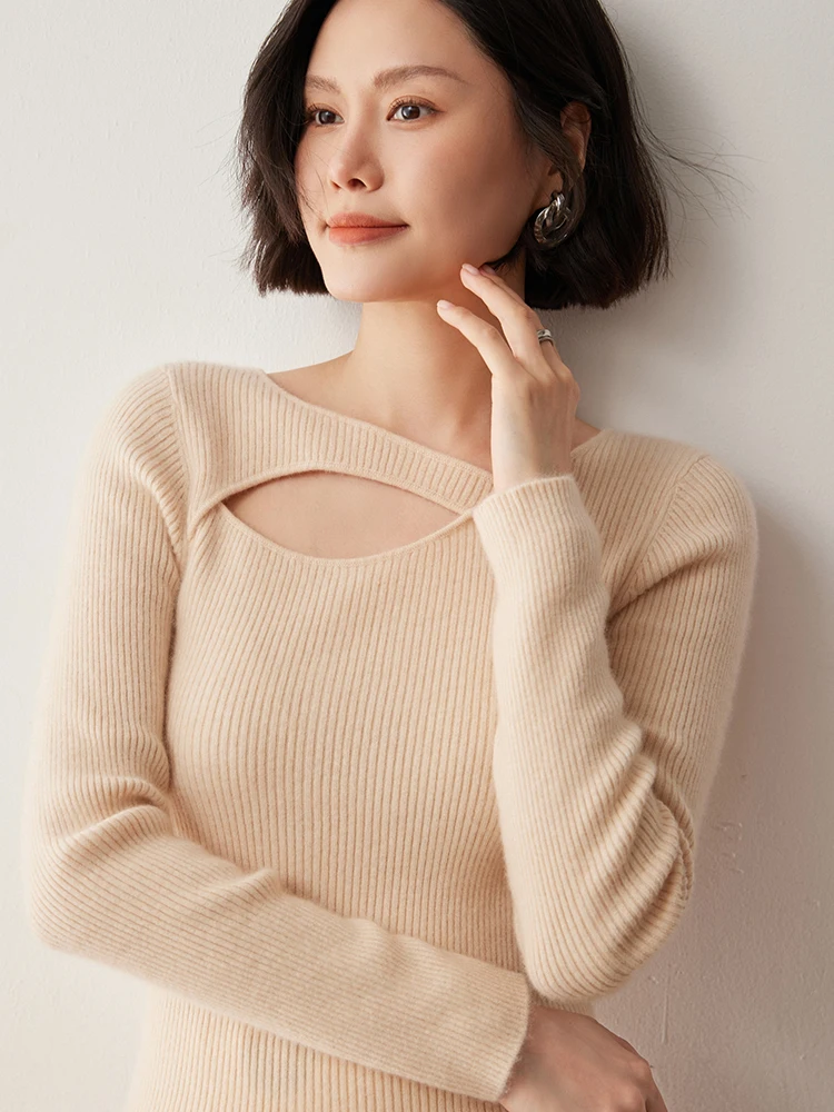 

Long Sleeve Sexy Pullover Chic Women's Autumn Winter Cashmere Sweater Female Slim Fit Clothing Soft Tops 100% Cashmere Knitwear