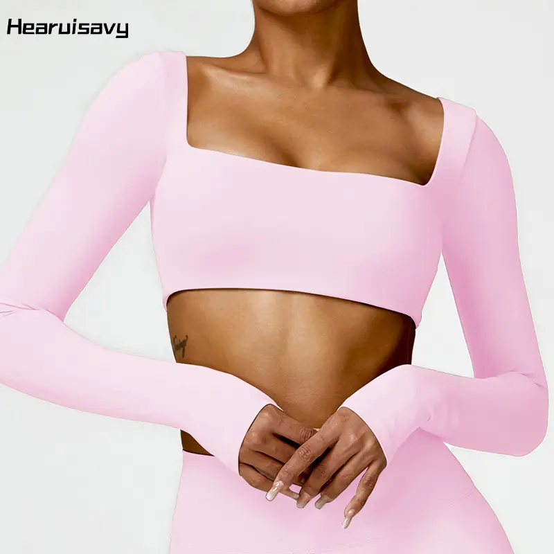 Hearuisavy casual secagem rápida roupas esportivas femininas pescoço quadrado ginásio topo de fitness esportes colheita topo feminino manga longa roupas yoga