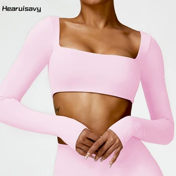 Hearuisavy Casual ด่วนแห้งกีฬาผู้หญิงสแควร์คอ Gym Top ผู้หญิงฟิตเนสกีฬา Crop Top หญิงแขนยาวเสื้อผ้าโยคะ