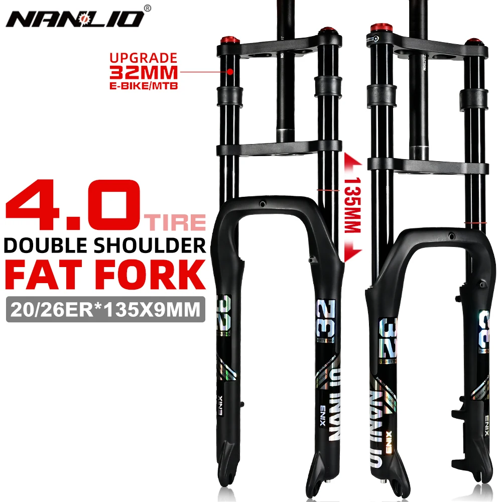 Nanlio E-bike Bike Air Supension Fork Double Shoulder Snow Front Fork 20*4.0inch / 26*4.0 inch MTB Fork 135x9mm Travel Air Fork