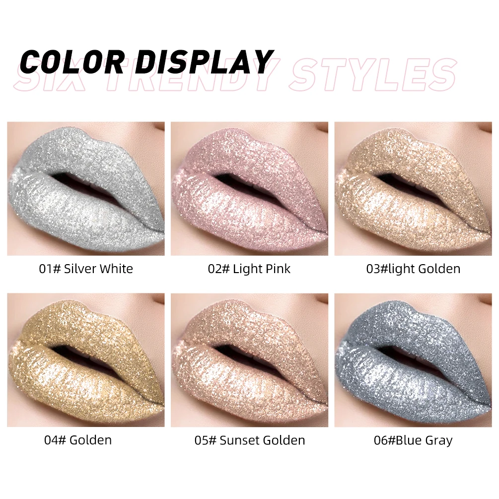 QIBEST Diamond Glitter Liquid Lipstick Waterproof Lasting Pearl Shiny Lipgloss Metal Charming Lip Stain Tint Moisturizing Makeup