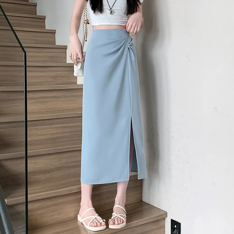 

Korean Office Lady Elegant High Waist Slit Suit Skirts Women New Spring Summer Folds Midi Skirt Female Fashion Casual Long Skirt