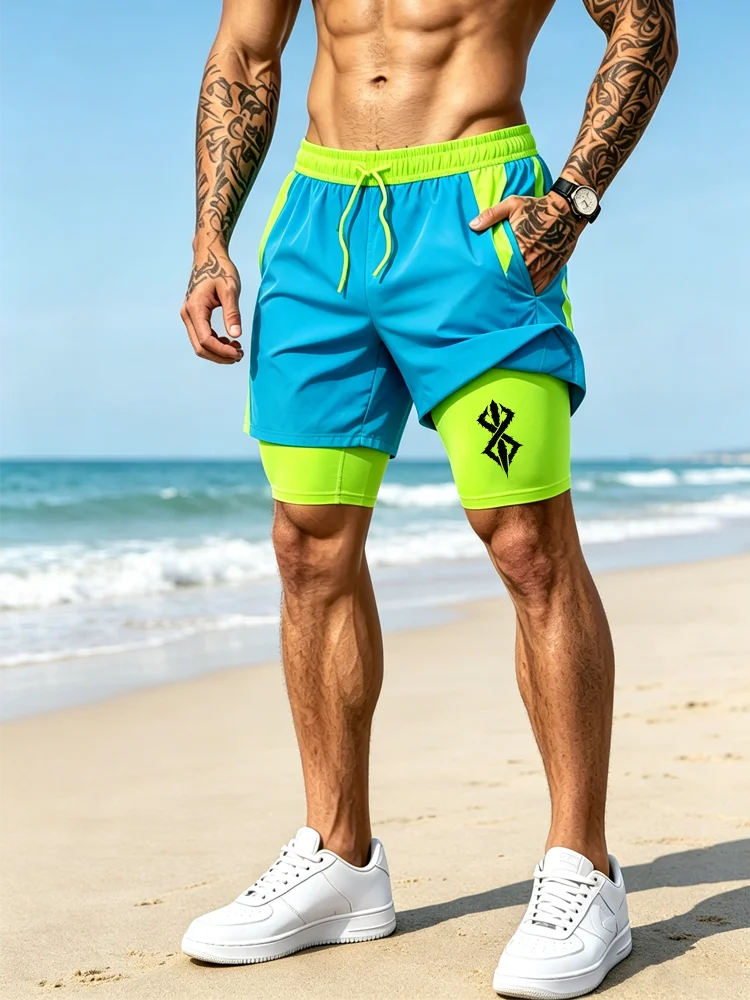 New men's summer double-layer quick-drying compression lining suitable for fitness, sports, surfing, beach shorts drawstring