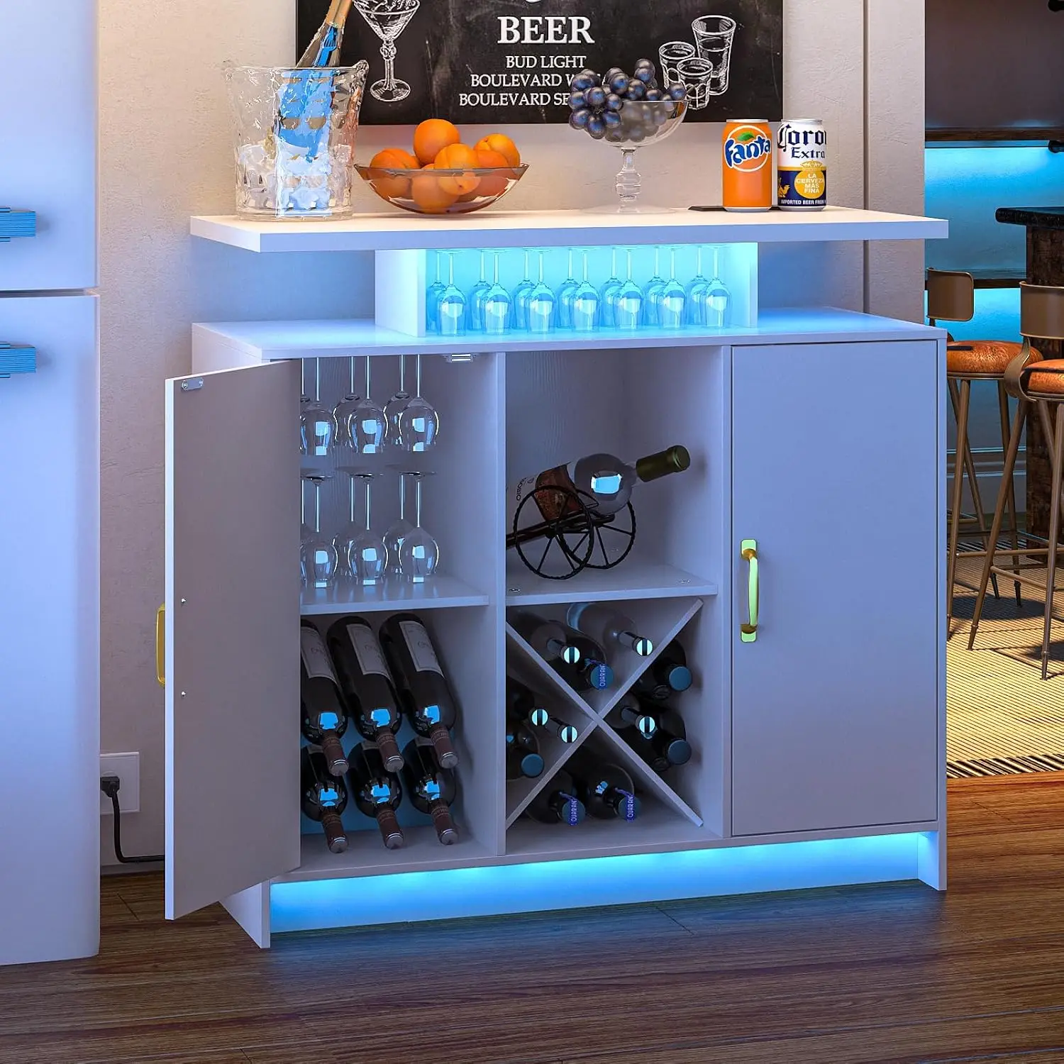 

Wine Bar Cabinet with Power Outlet and LED Light, Coffee Bar Cabinet with Wine Rack, Storage Shelves and Cabinets,, Customized