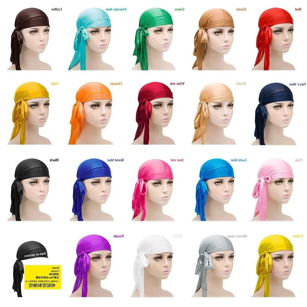 Turban topi wanita Turban Muslim, Turban wanita ekor panjang, topi bajak laut Hip Hop, topi ketat, penutup rambut Satin gadis/wanita