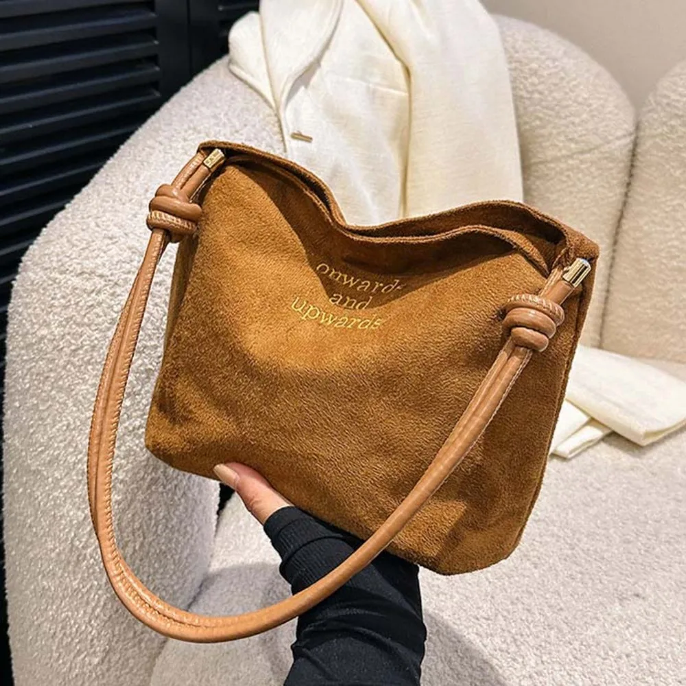 Large Capacity Women's Suede Bag Letter Pattern Magnetic Buckle Texture Matte Shoulder Bag Retro Lightweight Velvet PU Handbag