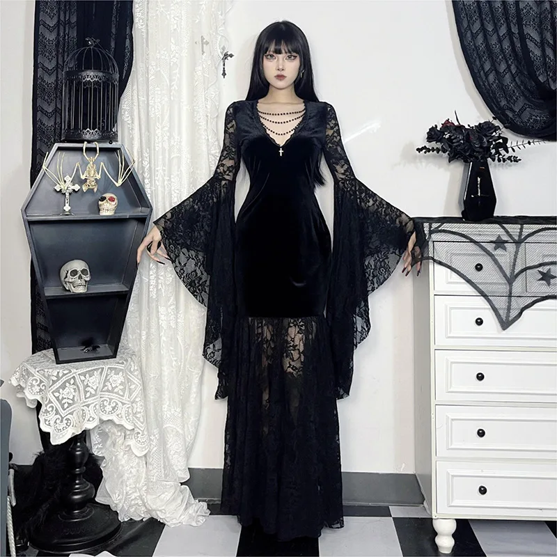 

Female Halloween Day of The Dead Cosplay Costume Witch Bat Sleeve Lace Stitching Dress Gothic Theme Party Outfit