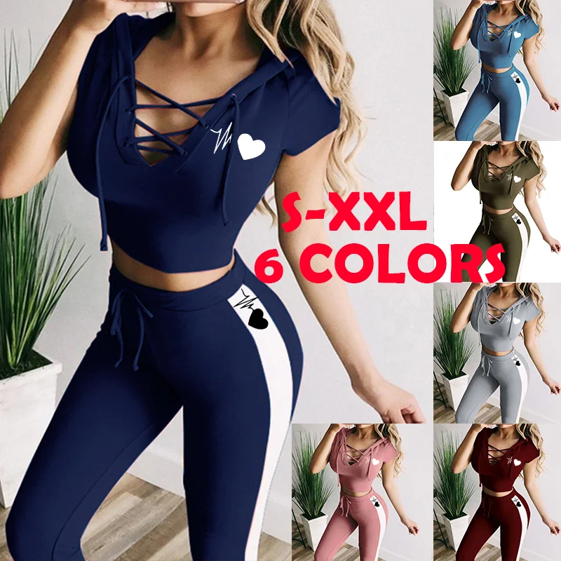 Summer Fashion Casual Sexy Two-Piece Heart Print Female Crop Top And Long Pants Set Women Sport Hooded Two Piece Outfits