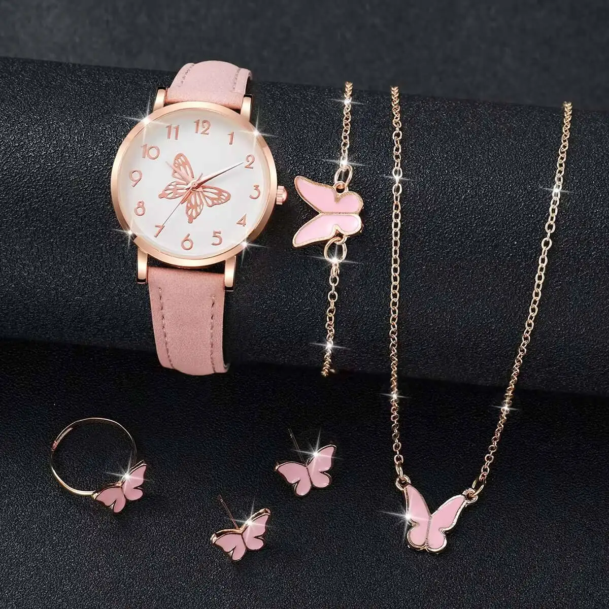 6PCS/Set Fashion Butterfly Dial Women Quartz Watch Simple Leather Strap Wrist Watches Jewelry Set Reloj Mujer（Without Box）
