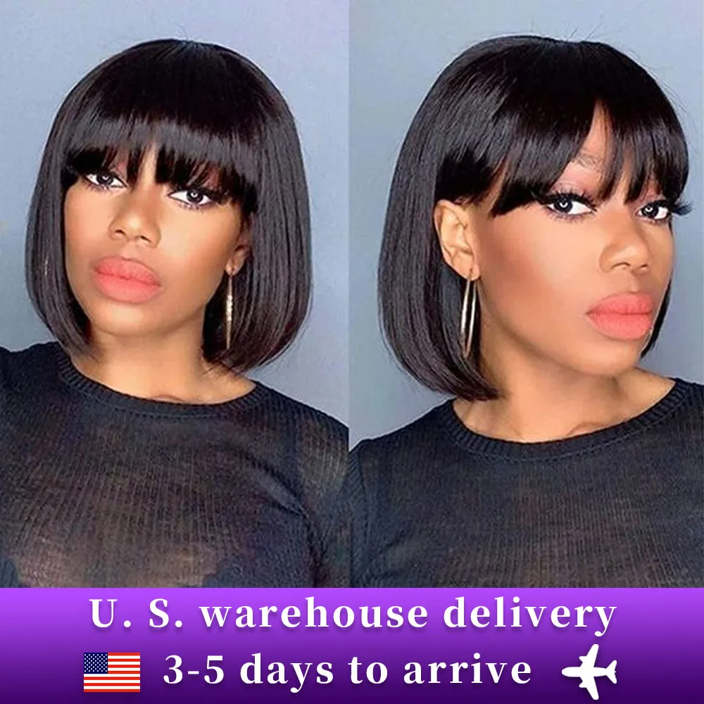 Short Black Bob Wig With Bangs 180% Density Middle Part 2x1 Lace Wig Straight Short Bob Wig Human Hair Natural  Human Hair Wigs