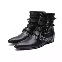 Black Punk Belt Buckle Decor Leather Mid-Calf Boots for Men Round Toe Lace-Up Flats Outdoor Male Motorcycle Boots Party Shoes