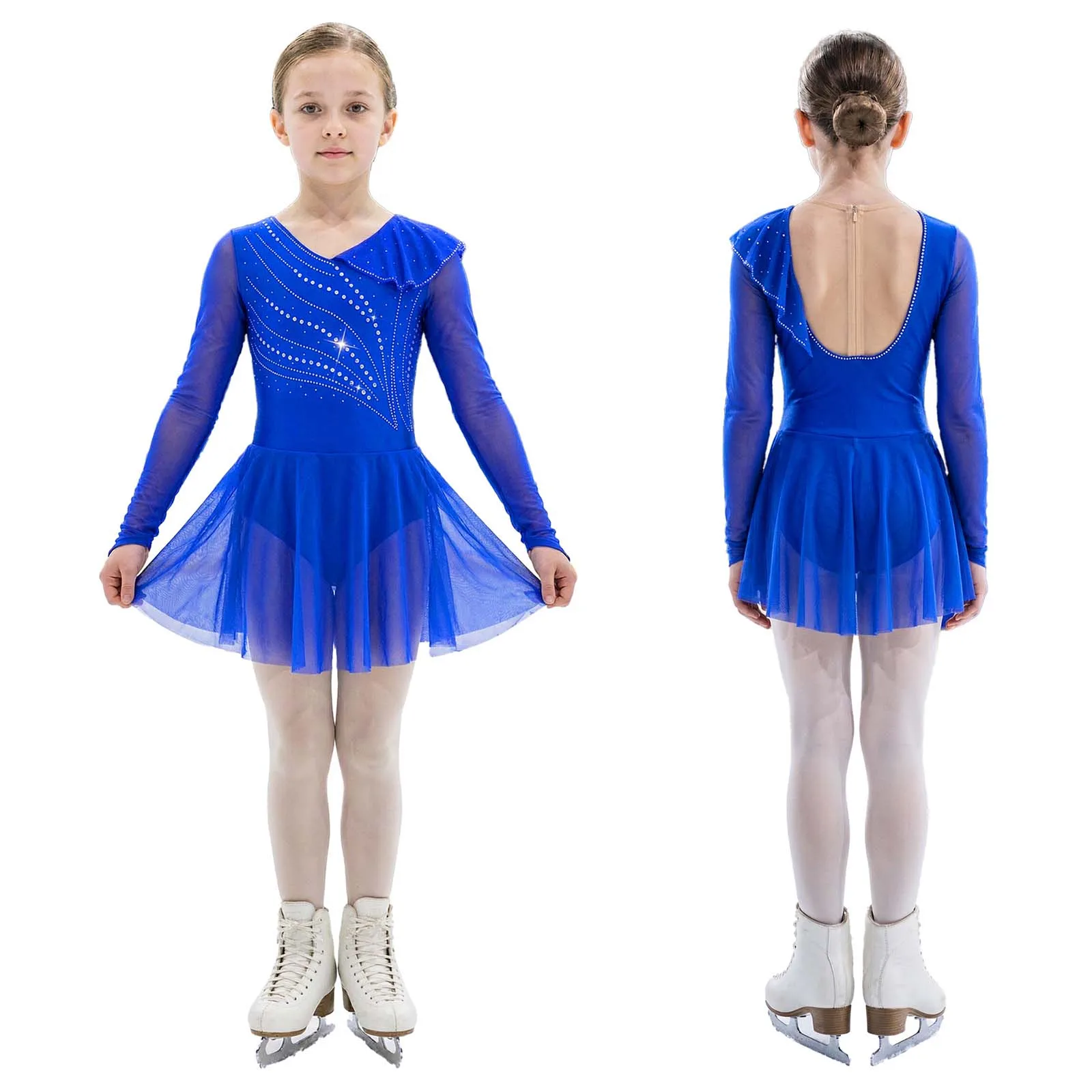 Girls Figure Ice Skating Rhythmic Gymnastics Costume Long Sleeves Sparkly Rhinestone Mesh Lyrical Ballet Dance Dress Leotard
